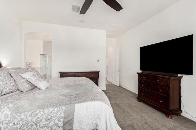 2052 E Scorpio Pl, Chandler, AZ 85249 - bedroom with light carpet, arched walkways, and ceiling fan