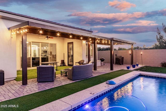2052 E Scorpio Pl, Chandler, AZ 85249 - view of swimming pool with a patio area, an outdoor living space, and ceiling fan