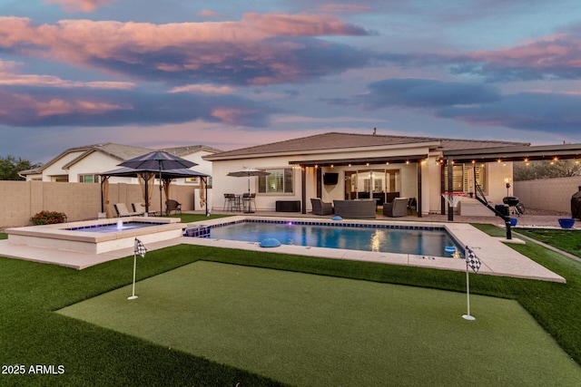 2052 E Scorpio Pl, Chandler, AZ 85249 - view of pool with a putting area, an outdoor hangout area, an in-ground hot tub, and a patio area