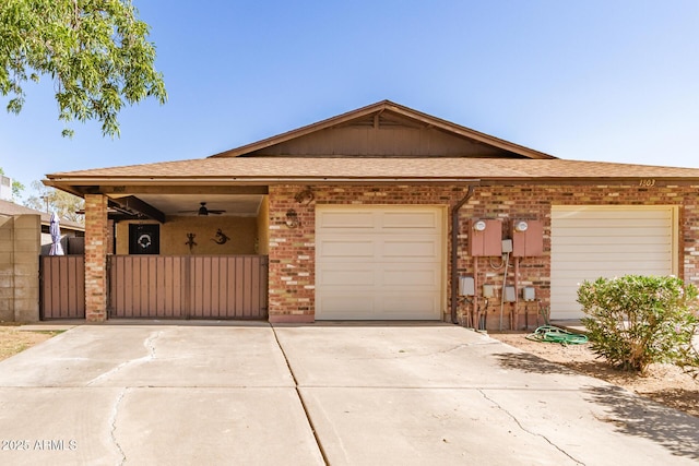 1807 E Jamaica Ave, Mesa, AZ 85204 - ranch-style home featuring brick siding, driveway, a gate, a garage, and roof with shingles