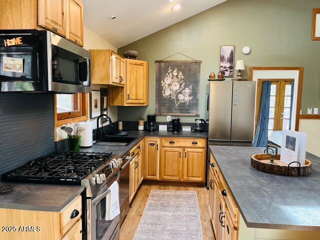 kitchen featuring lofted ceiling, dark countertops, appliances with stainless steel finishes, and a sink