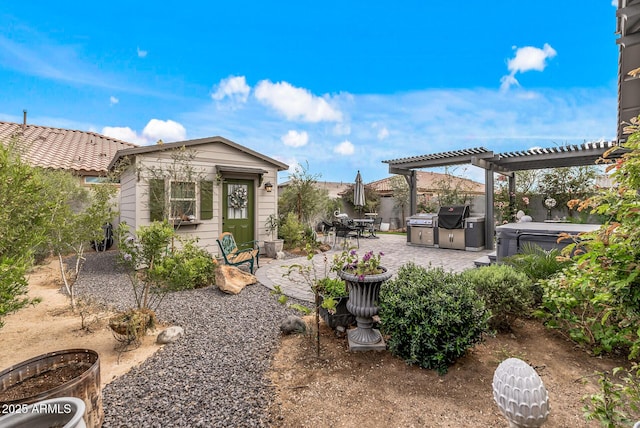 view of yard with a patio, an outdoor structure, and a pergola