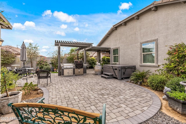 view of patio / terrace featuring grilling area, a hot tub, fence, and a pergola