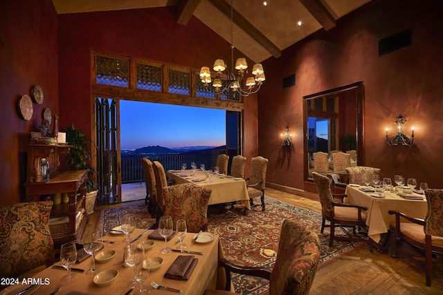 dining space featuring an inviting chandelier, high vaulted ceiling, parquet floors, and beam ceiling