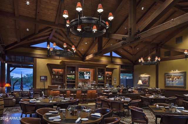 miscellaneous room featuring high vaulted ceiling, beam ceiling, wooden ceiling, and indoor bar