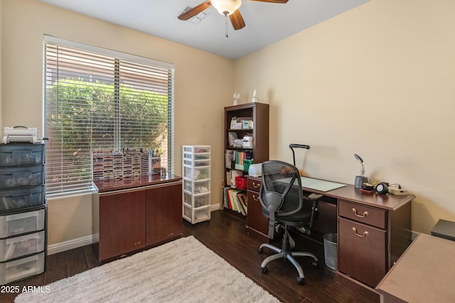 home office with a ceiling fan, wood finished floors, and baseboards