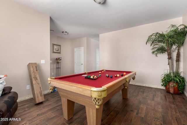 game room with dark wood-type flooring, baseboards, and billiards