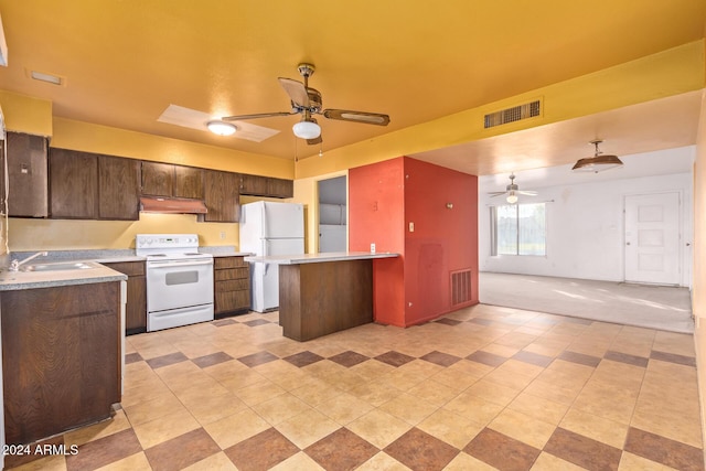 6120 N 30th Ave, Phoenix, AZ 85017 - kitchen featuring white appliances, ceiling fan, under cabinet range hood, open floor plan, and a sink