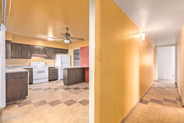 6120 N 30th Ave, Phoenix, AZ 85017 - kitchen featuring white appliances, light countertops, dark brown cabinets, a ceiling fan, and under cabinet range hood