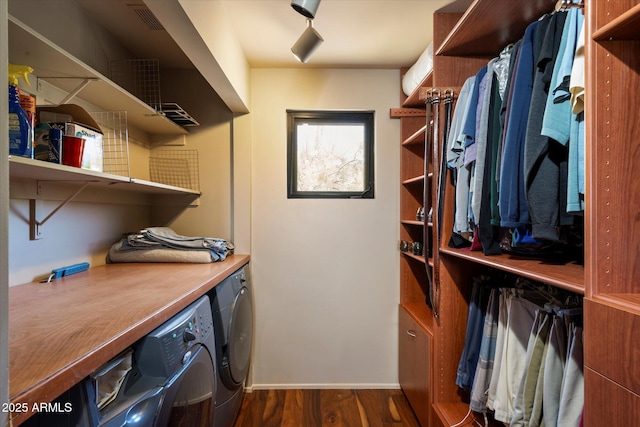 3120 Arroyo Hondo, Carefree, AZ 85377 - clothes washing area with laundry area, visible vents, washer and dryer, dark wood-style floors, and baseboards