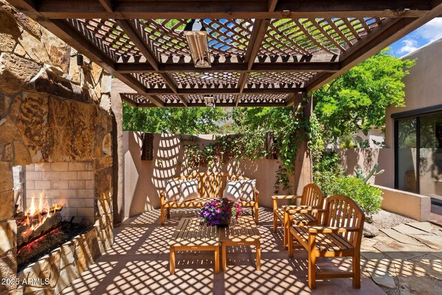 3120 Arroyo Hondo, Carefree, AZ 85377 - view of patio / terrace featuring a pergola, an outdoor living space with a fireplace, and fence
