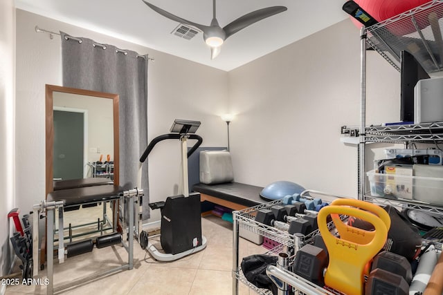 workout room with tile patterned floors, visible vents, and a ceiling fan