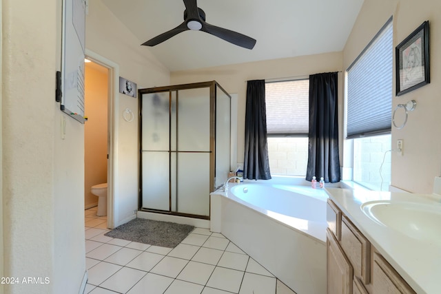 full bathroom featuring tile patterned floors, ceiling fan, independent shower and bath, and vanity