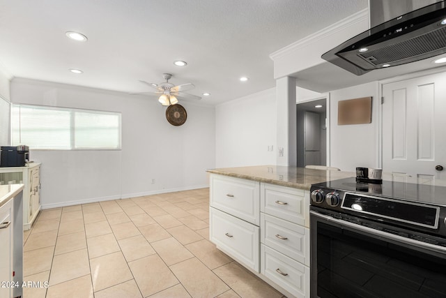 kitchen featuring white cabinetry, extractor fan, stainless steel electric range, and ornamental molding