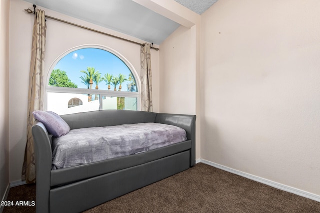 carpeted bedroom featuring a textured ceiling and lofted ceiling