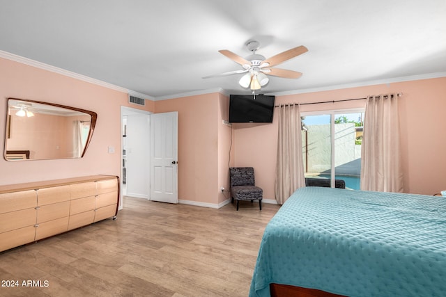 bedroom featuring ceiling fan, access to exterior, light wood-type flooring, and crown molding