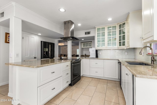 kitchen featuring island exhaust hood, white cabinets, kitchen peninsula, and black appliances