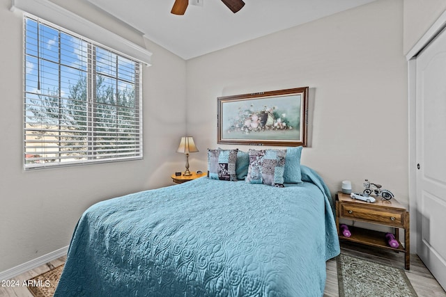 bedroom featuring wood-type flooring, a closet, and ceiling fan