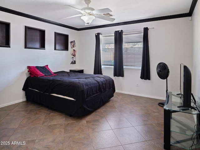 bedroom with visible vents, a ceiling fan, crown molding, and baseboards