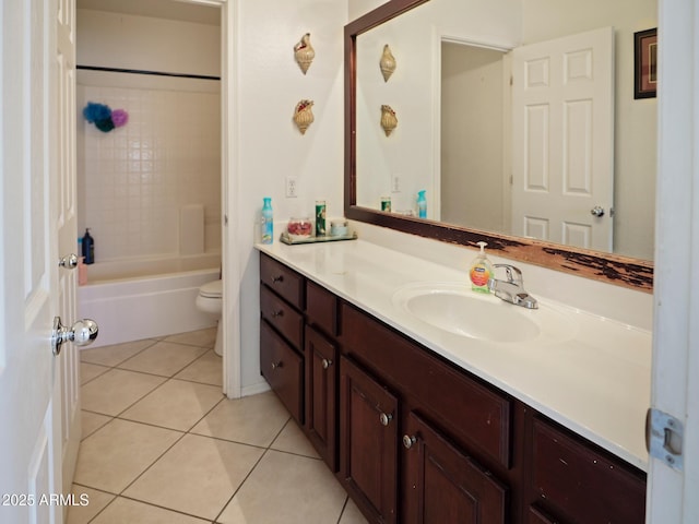 bathroom featuring tile patterned flooring,  shower combination, toilet, and vanity