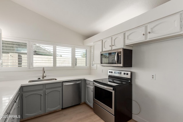 kitchen featuring white cabinets, sink, gray cabinets, and stainless steel appliances