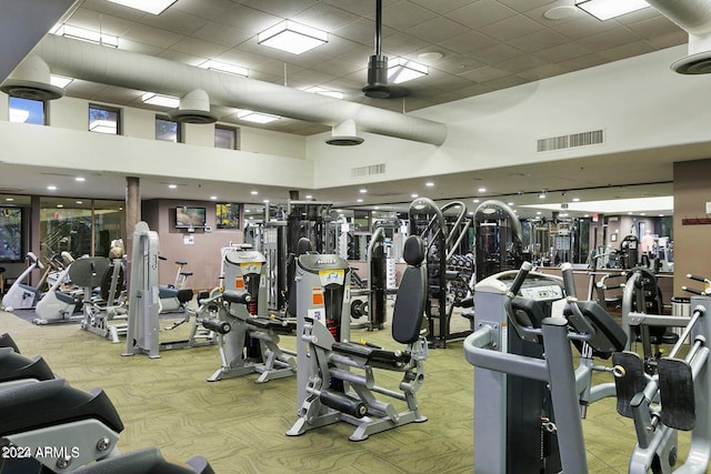 exercise room with light carpet, a towering ceiling, and a drop ceiling