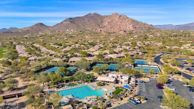 drone / aerial view featuring a mountain view