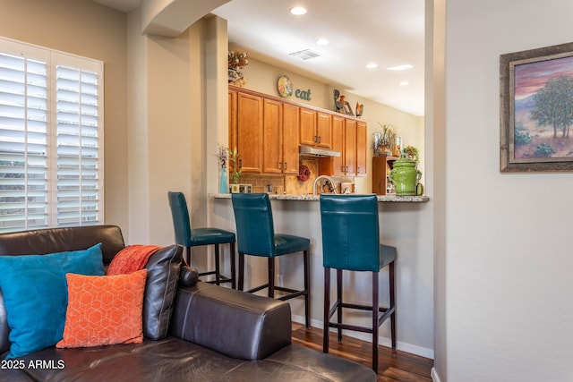 bar featuring light stone counters, dark hardwood / wood-style flooring, sink, and tasteful backsplash