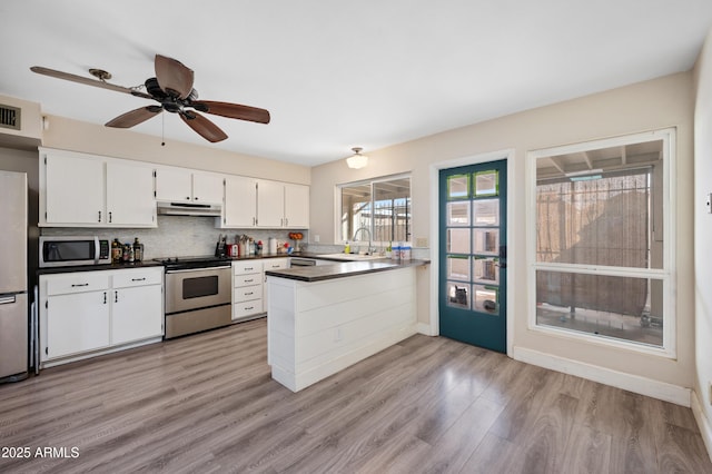 kitchen with stainless steel appliances, white cabinets, a sink, a peninsula, and under cabinet range hood