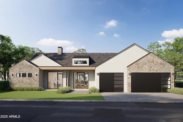 3743 E Hazelwood St, Phoenix, AZ 85018 - modern farmhouse style home featuring an attached garage, stone siding, driveway, and a chimney