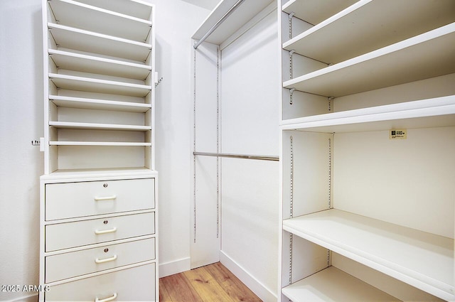 walk in closet with light wood-style flooring