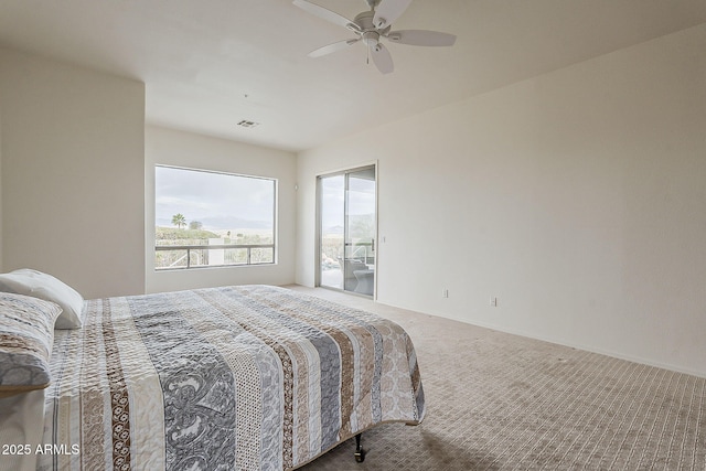 bedroom featuring a ceiling fan, carpet flooring, and access to outside