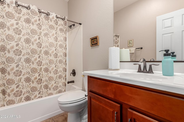 full bathroom with toilet, tile patterned flooring, shower / bath combo, and vanity