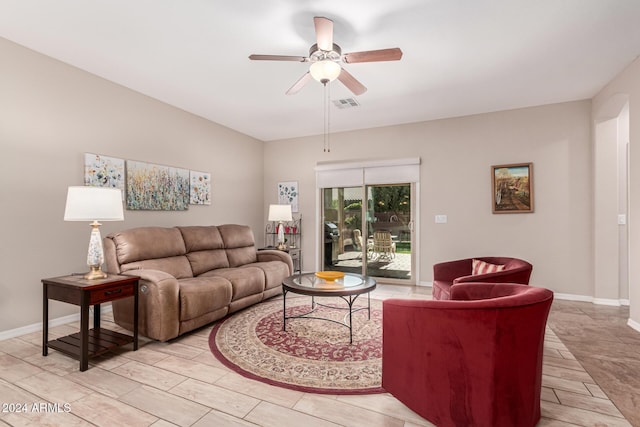 living room with ceiling fan