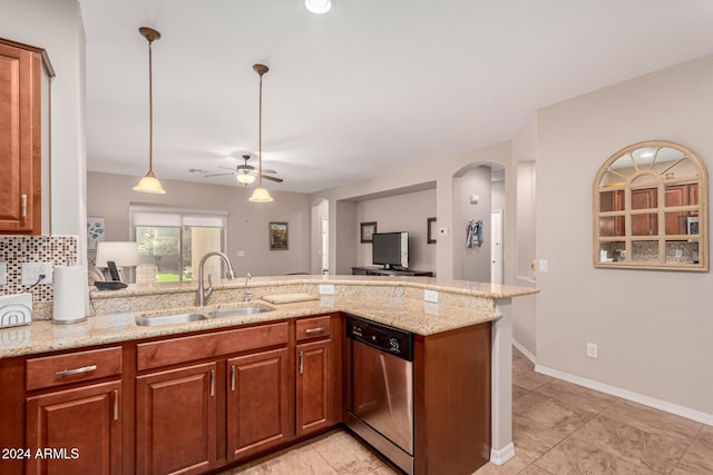 kitchen with dishwasher, hanging light fixtures, kitchen peninsula, ceiling fan, and sink