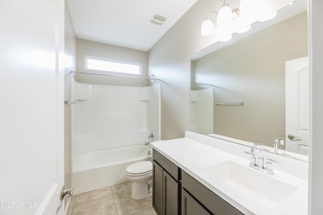 bathroom with toilet, vanity, tile patterned flooring, visible vents, and shower / bath combination