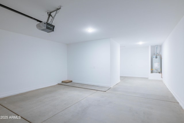 garage with water heater, baseboards, and a garage door opener