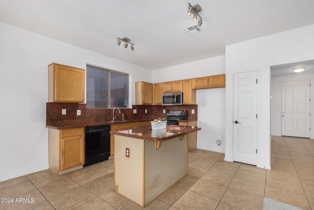 kitchen with black dishwasher, range with electric stovetop, tasteful backsplash, a center island, and sink