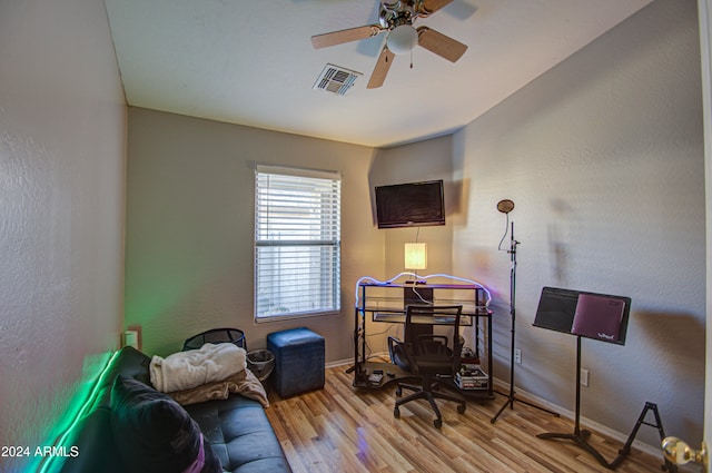 office area featuring ceiling fan and light hardwood / wood-style flooring