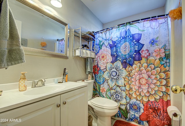 bathroom featuring vanity, a shower with shower curtain, and toilet