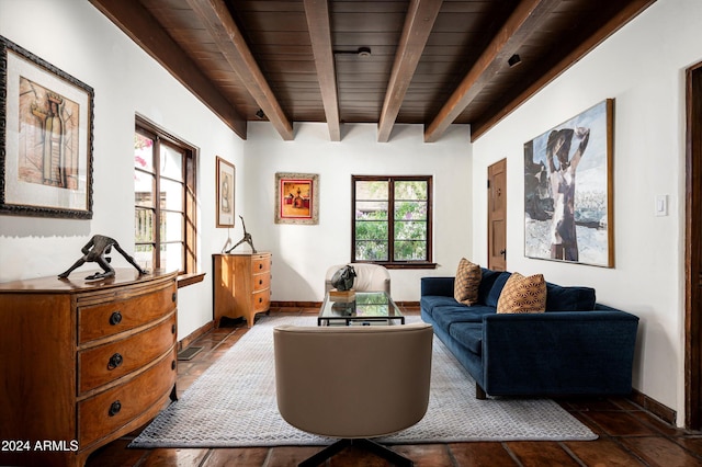 living room with wooden ceiling and beamed ceiling