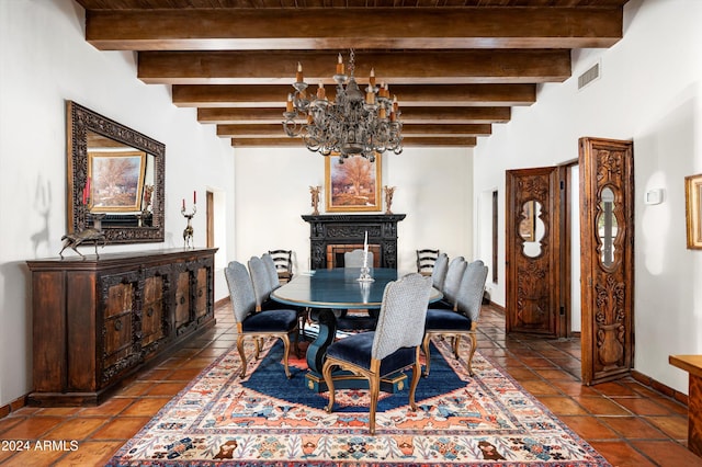 dining space featuring beam ceiling, tile patterned flooring, and an inviting chandelier