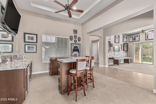 kitchen with a raised ceiling, sink, light stone counters, an island with sink, and light colored carpet