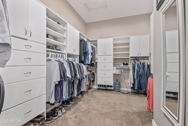 walk in closet with light carpet