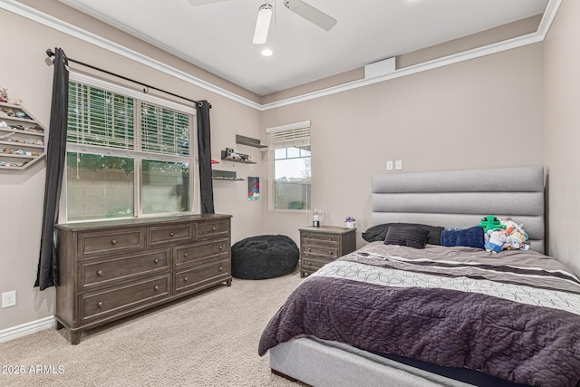 bedroom featuring light carpet and ceiling fan