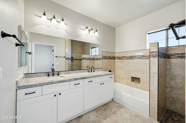 bathroom with vanity, tile walls, and independent shower and bath