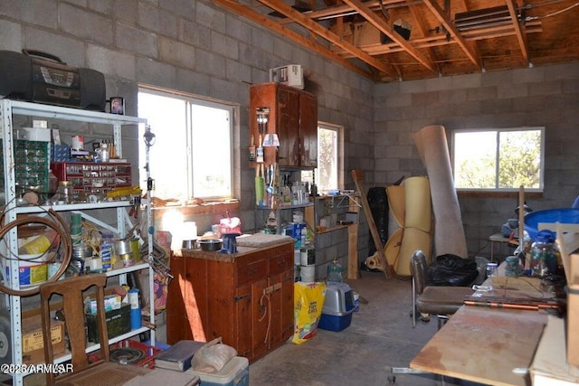 3733 Del Contento Rd, Snowflake, AZ 85937 - miscellaneous room featuring unfinished concrete flooring, concrete block wall, and plenty of natural light