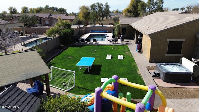 8115 W San Miguel Ave, Glendale, AZ 85303 - exterior space featuring a hot tub, a fenced in pool, a fenced backyard, a patio area, and a playground