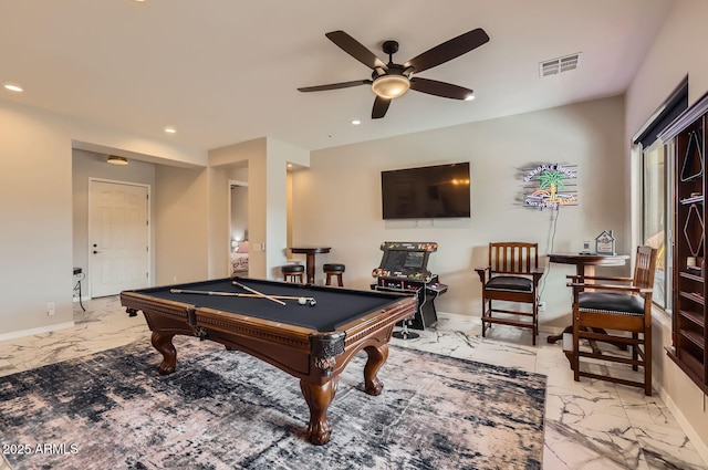 8115 W San Miguel Ave, Glendale, AZ 85303 - playroom with marble finish floor, recessed lighting, pool table, a ceiling fan, and visible vents