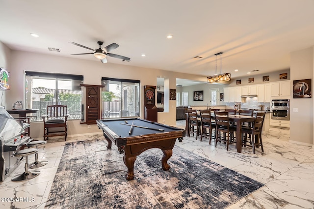 8115 W San Miguel Ave, Glendale, AZ 85303 - rec room with recessed lighting, pool table, a ceiling fan, baseboards, and visible vents